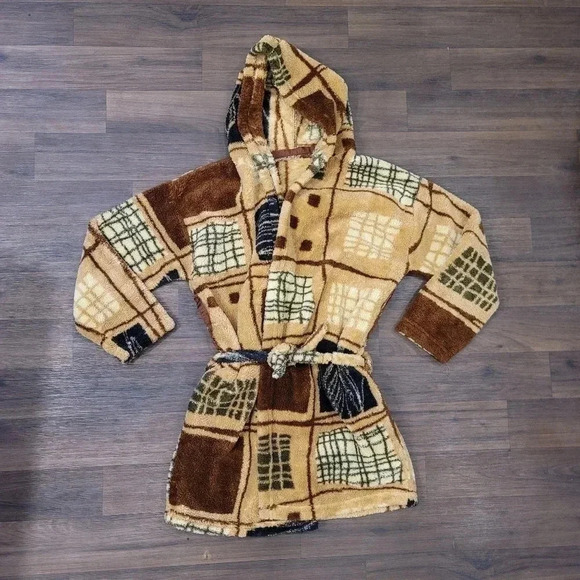 Boys Small S Hooded Plush Fleece Robe Tan Brown Soft Warm - Picture 1 of 8